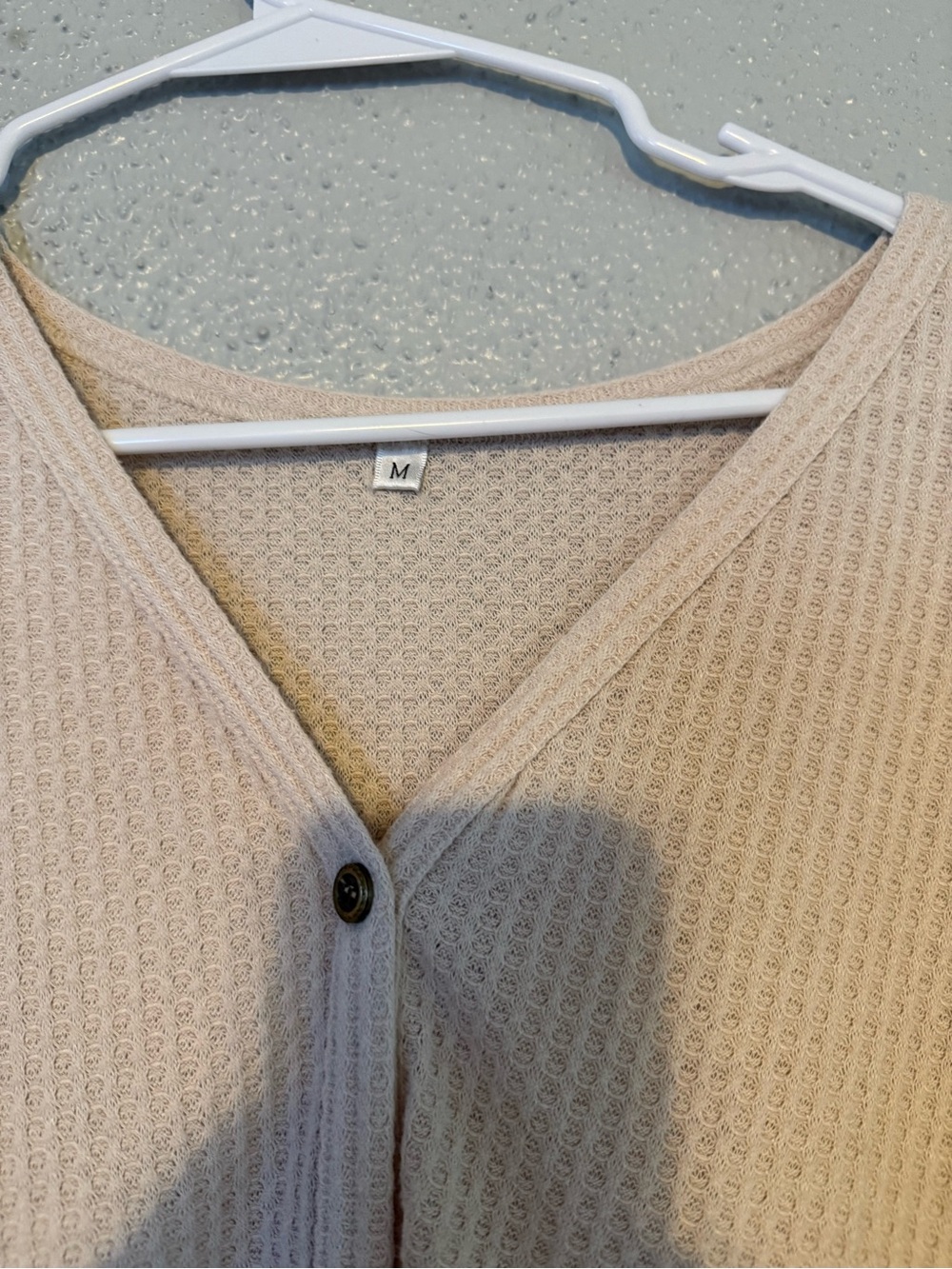 Light Beige Waffle Knit Button-Front Tie Top - Picture 2 of 4